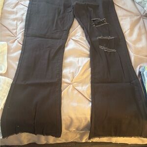 Black Flare Wide Leg Jeans with Distressed Details